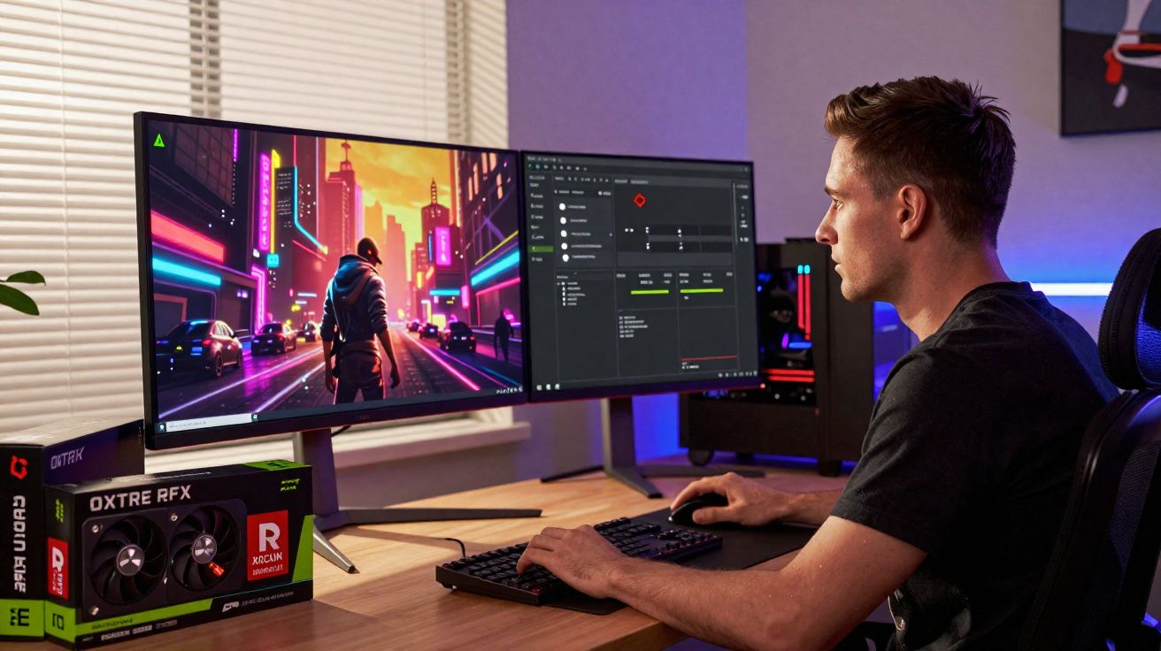 Homem usando computador com monitor ultrawide jogando e configurando software em ambiente iluminado.