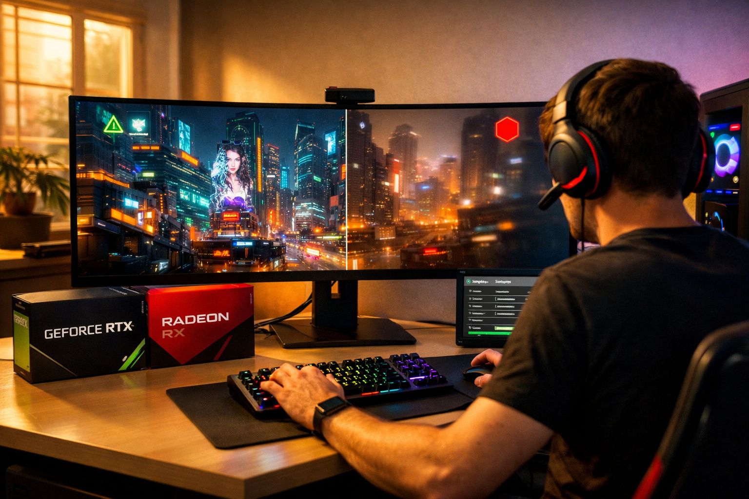 Pessoa usando fone de ouvido jogando em monitor ultrawide com teclado RGB e caixas de placas de vídeo GeForce RTX e Radeon RX