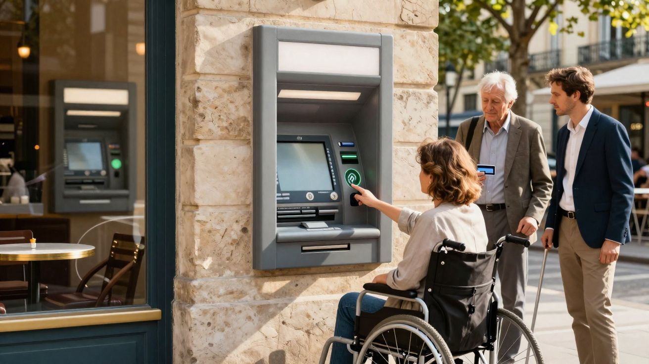 Mulher em cadeira de rodas usa caixa eletrônico na rua com duas pessoas ao lado observando.
