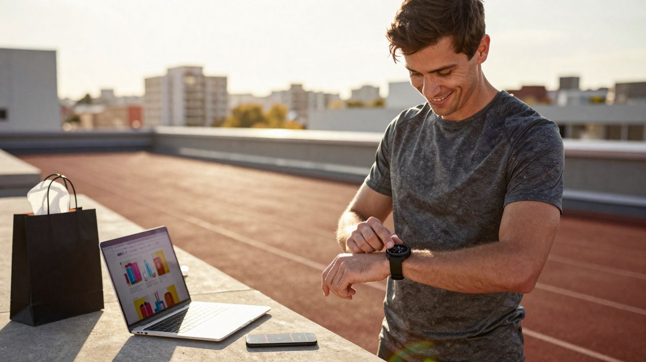 Homem sorridente usando relógio inteligente ao ar livre com laptop, celular e sacola ao lado.