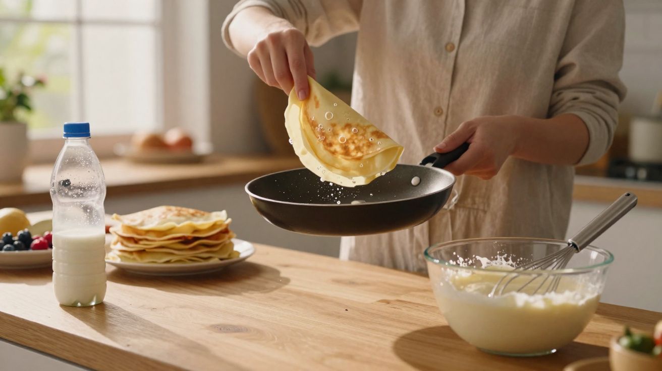 Pessoa segurando frigideira e virando panqueca em cozinha com ingredientes sobre bancada de madeira.