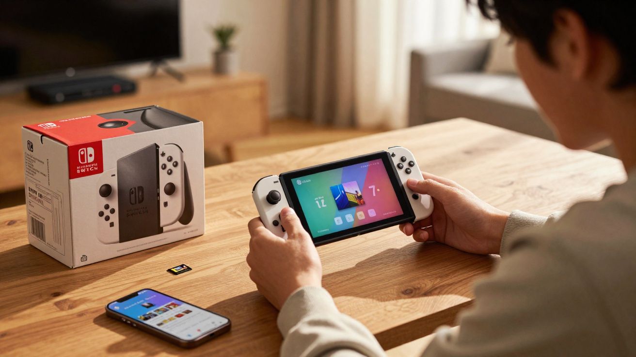 Pessoa segurando console Nintendo Switch OLED branco em uma mesa de madeira com caixa, cartão e celular próximos.