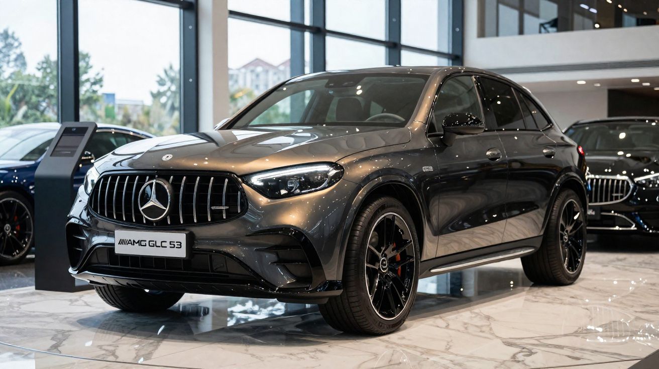 Carro SUV Mercedes-Benz AMG GLC 53 cinza em showroom moderno com piso de mármore.
