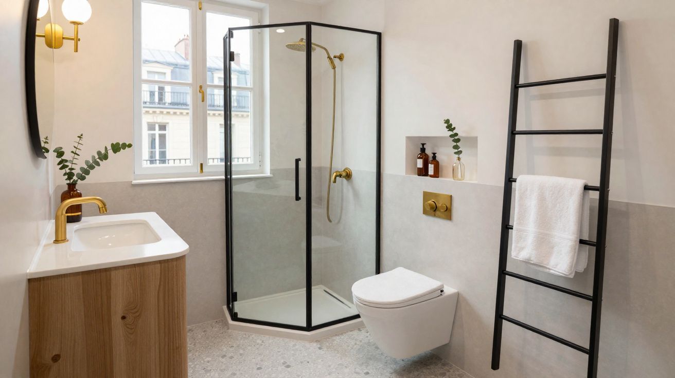 Banheiro moderno com ducha de vidro, vaso suspenso, pia com torneira dourada e escada preta para toalhas.