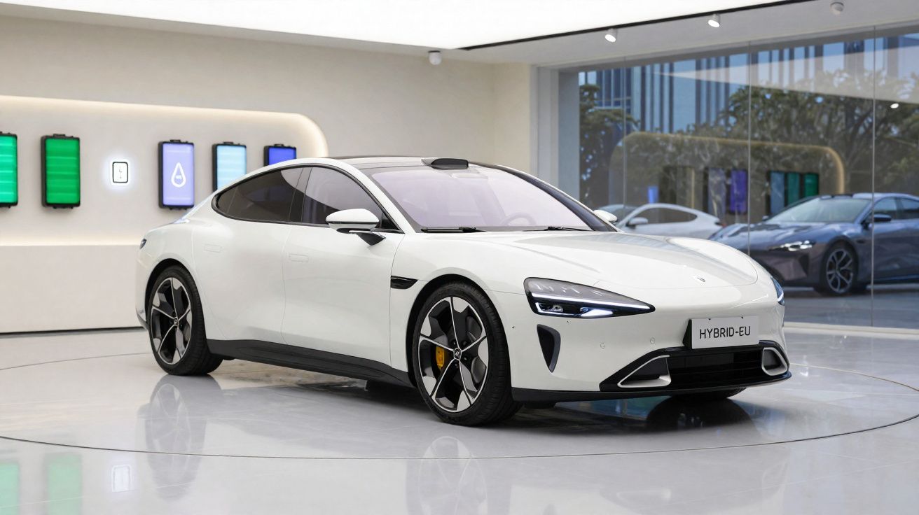 Carro híbrido branco moderno exposto em showroom com piso branco e vidro ao fundo.