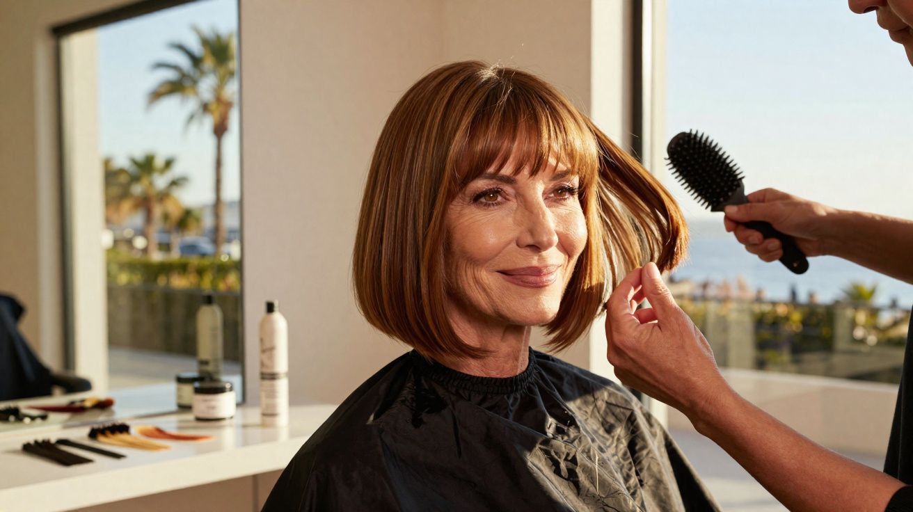 Mulher sorridente fazendo penteado em salão com paisagem de palmeiras ao fundo.