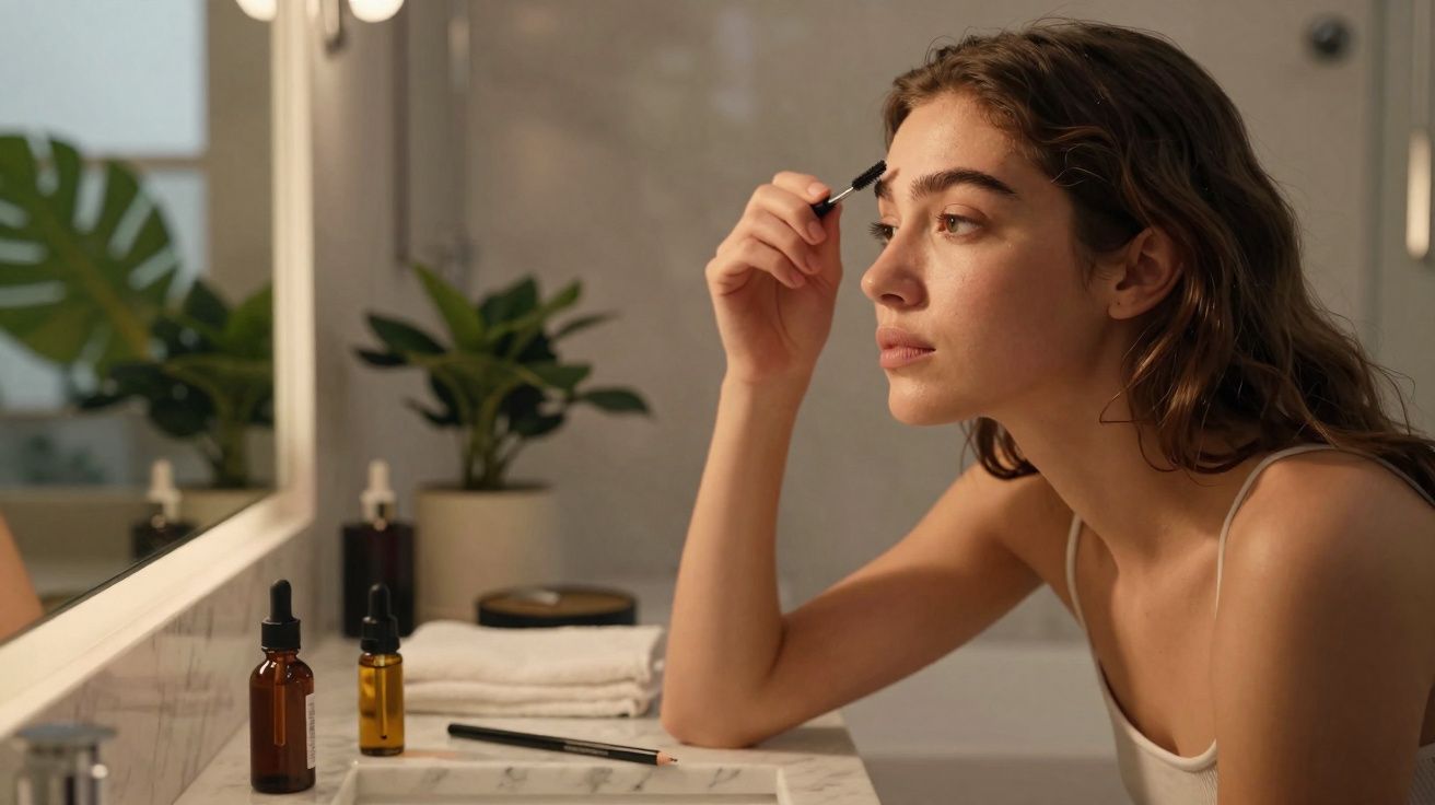 Mulher aplica maquiagem nas sobrancelhas em frente ao espelho em banheiro com plantas ao fundo.