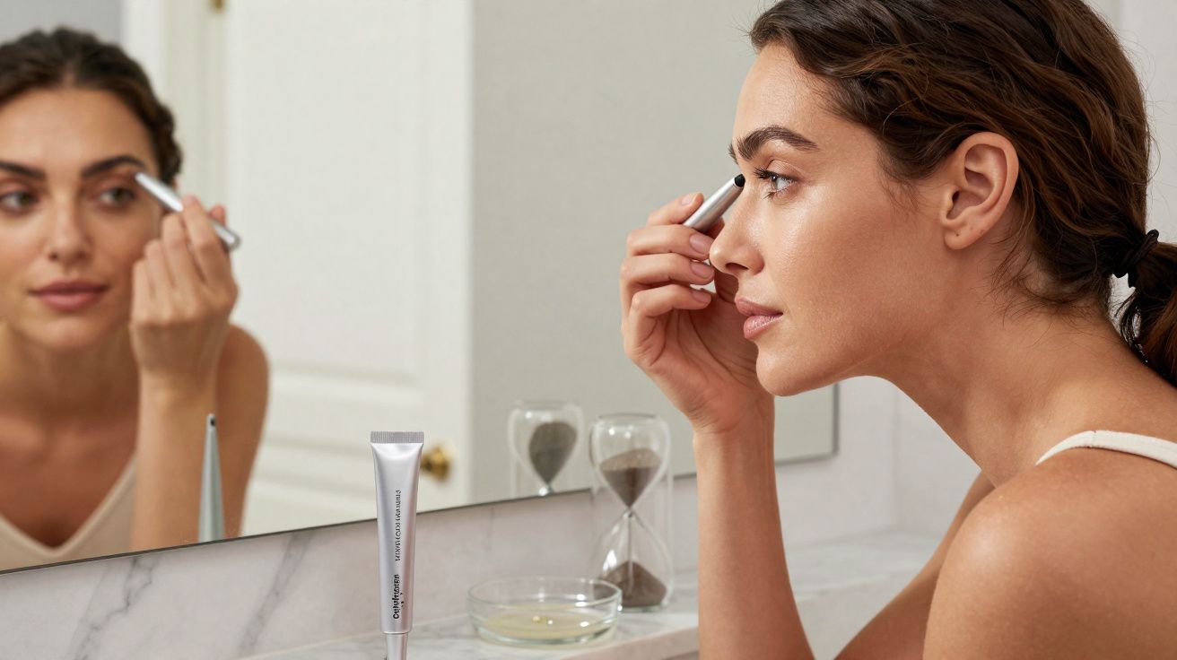 Mulher aplicando maquiagem nas sobrancelhas em frente ao espelho, com ampulheta e produtos na bancada.