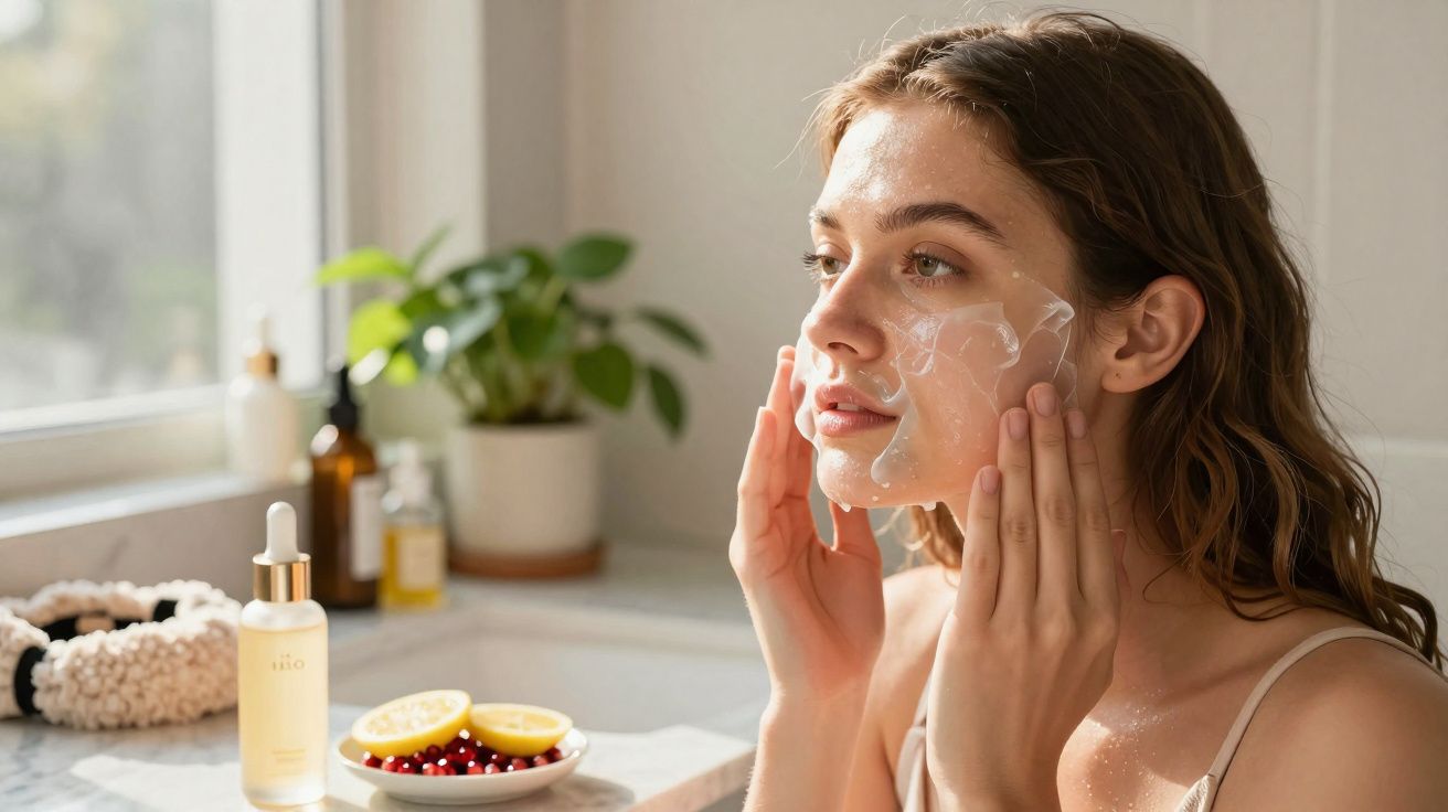 Mulher aplicando creme facial perto de janela em ambiente iluminado com frascos e frutas ao fundo.