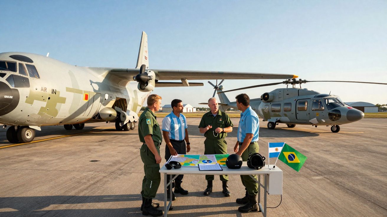 Quatro militares em uniforme conversam ao lado de uma mesa com mapas e bandeiras do Brasil e Argentina, com avião e helicópte