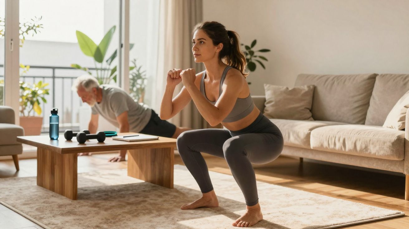 Mulher faz agachamento e homem realiza flexões na sala de estar iluminada e aconchegante.