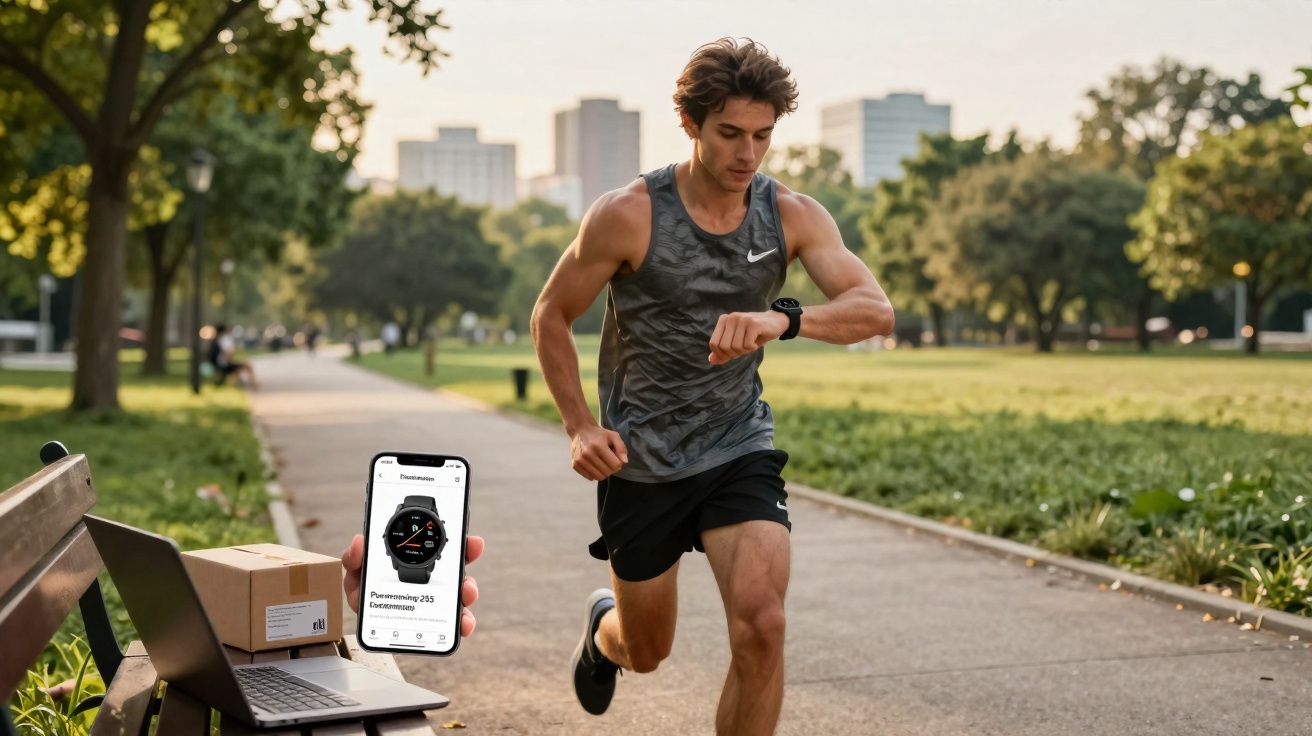 Homem correndo em parque urbano ao entardecer, olhando relógio esportivo no pulso.