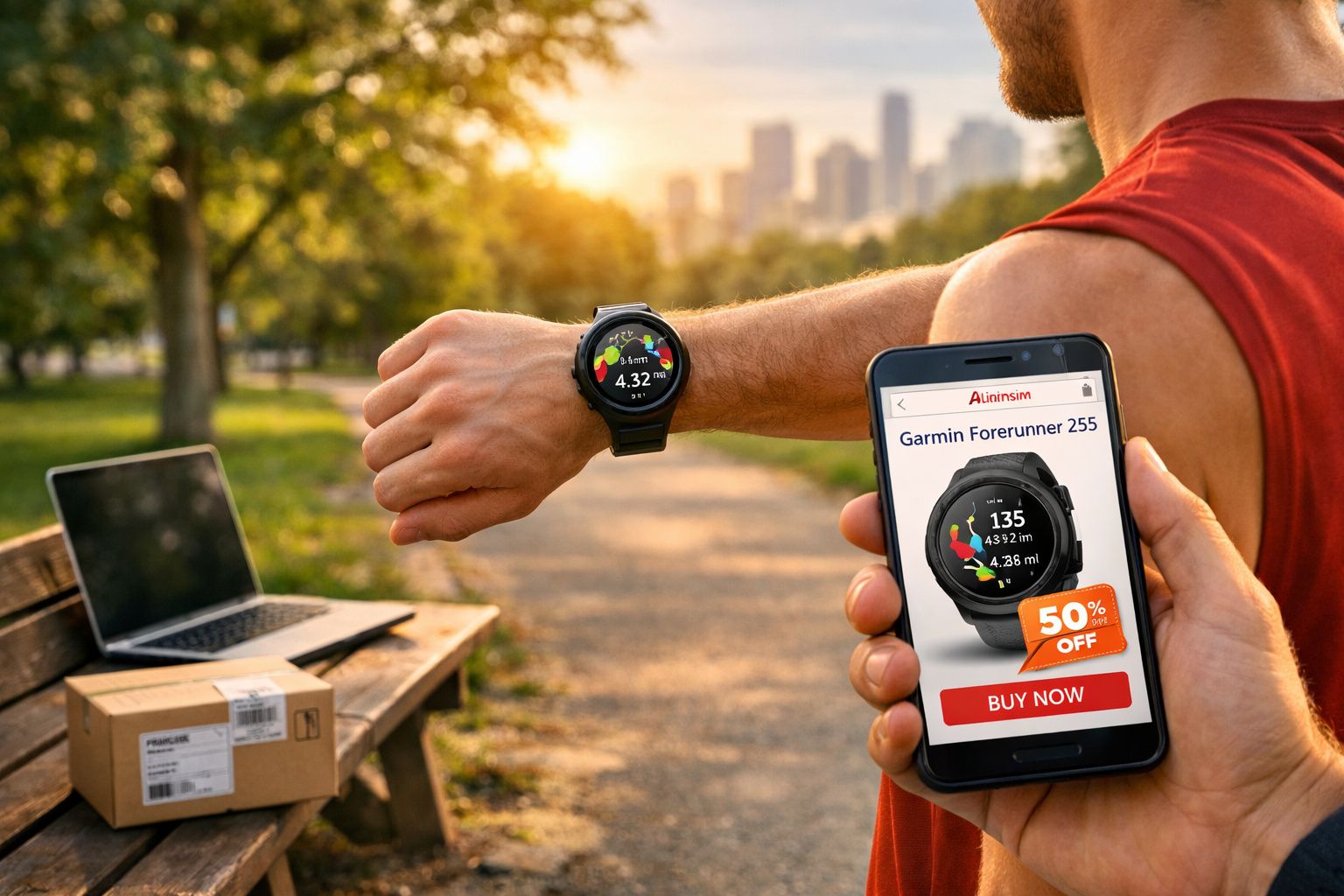 Pessoa usando relógio Garmin Forerunner 255 e mostrando anúncio de 50% de desconto no celular em parque ao pôr do sol.