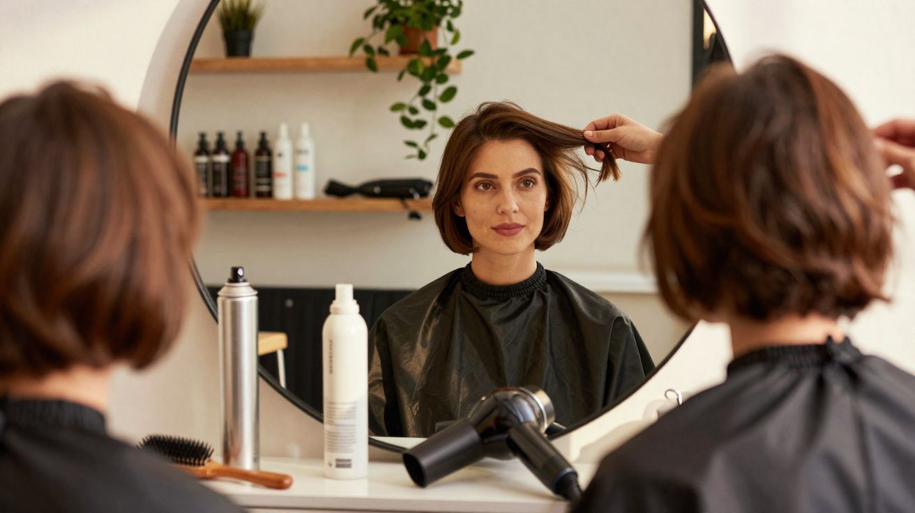 Mulher com cabelo curto sentada no salão de beleza, vendo seu cabelo no espelho circular.