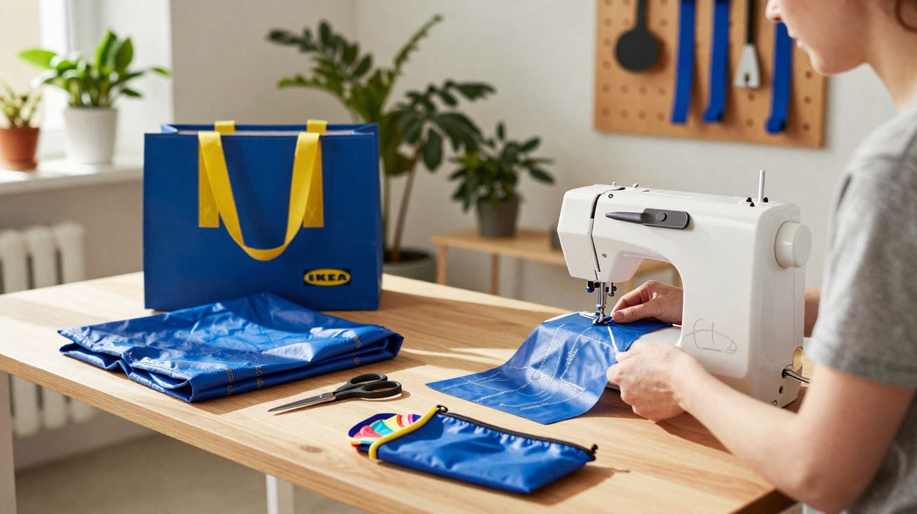 Pessoa costurando tecido azul em máquina de costura com sacola, tesoura e estojo IKEA sobre mesa.