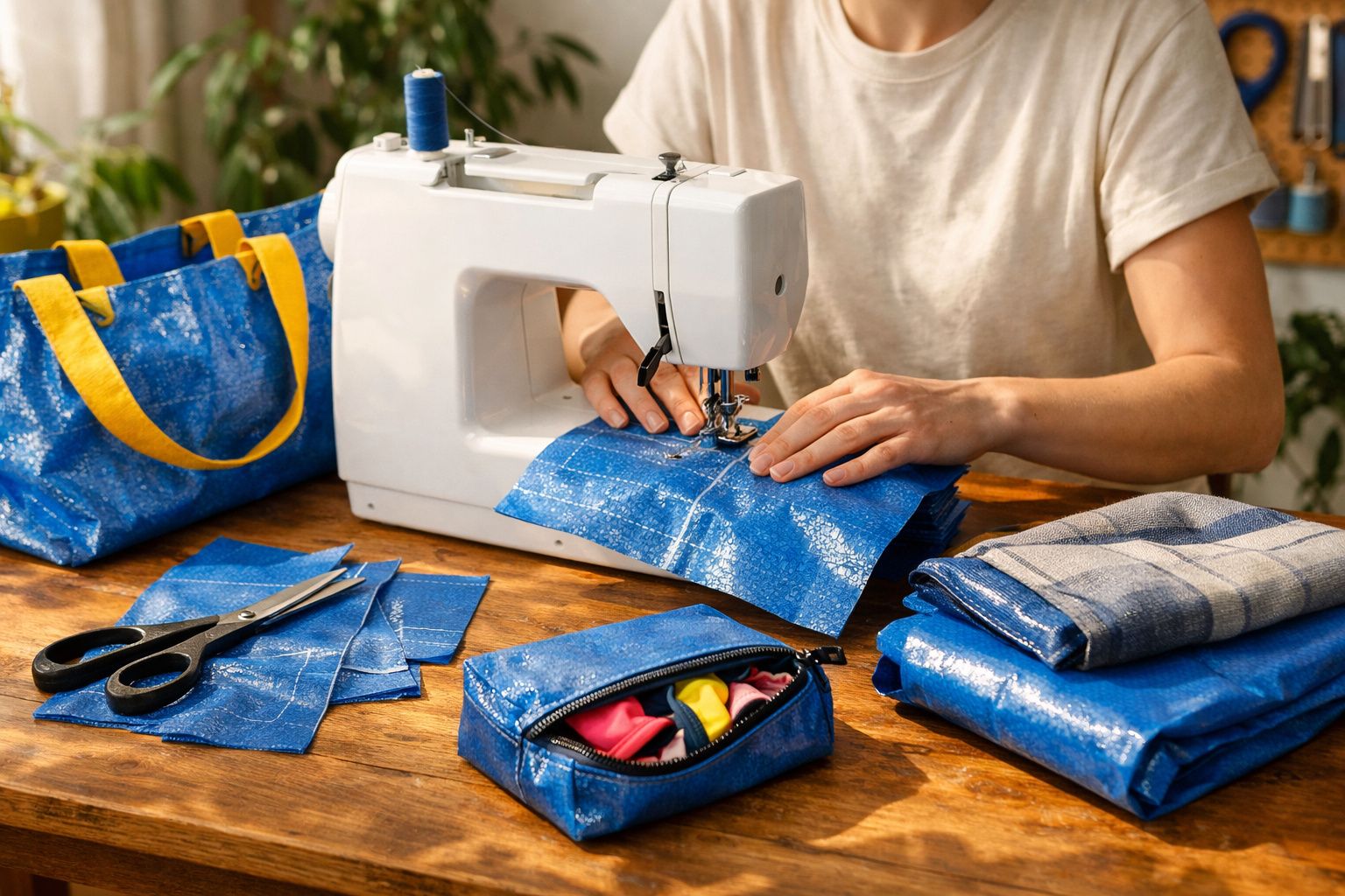 Pessoa costurando tecido azul em máquina de costura, com acessórios e sacolas feitos do mesmo material azul na mesa.