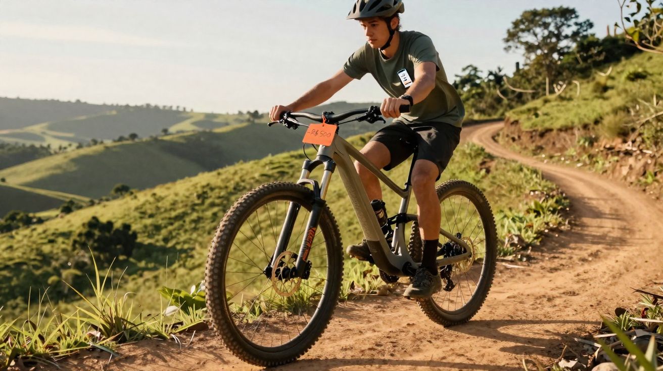 Jovem usando capacete pedalando bicicleta mountain bike em trilha de terra rural com colinas verdes ao fundo.