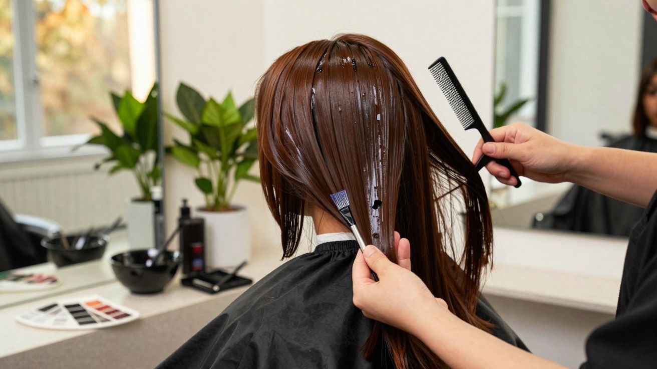 Profissional aplicando tinta em cabelo castanho de cliente em salão de beleza.