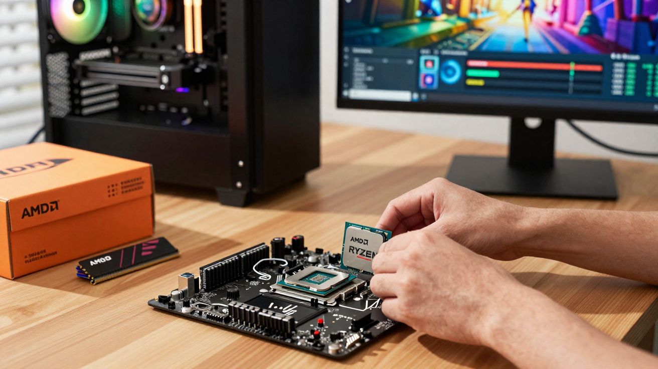Pessoa instalando processador AMD Ryzen em placa-mãe, com gabinete, monitor e memória RAM ao fundo.