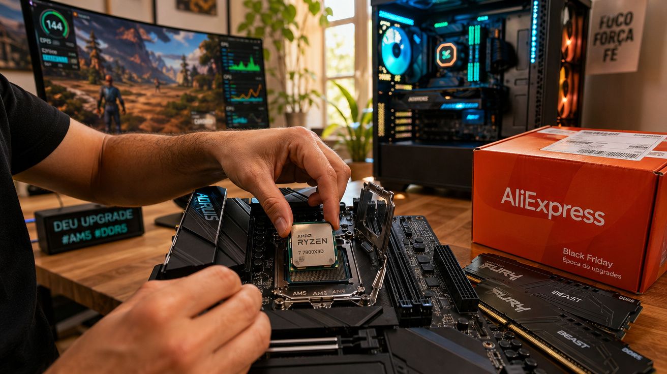 Pessoa instalando processador AMD Ryzen em placa-mãe AM5 com caixa do AliExpress e computador montado.