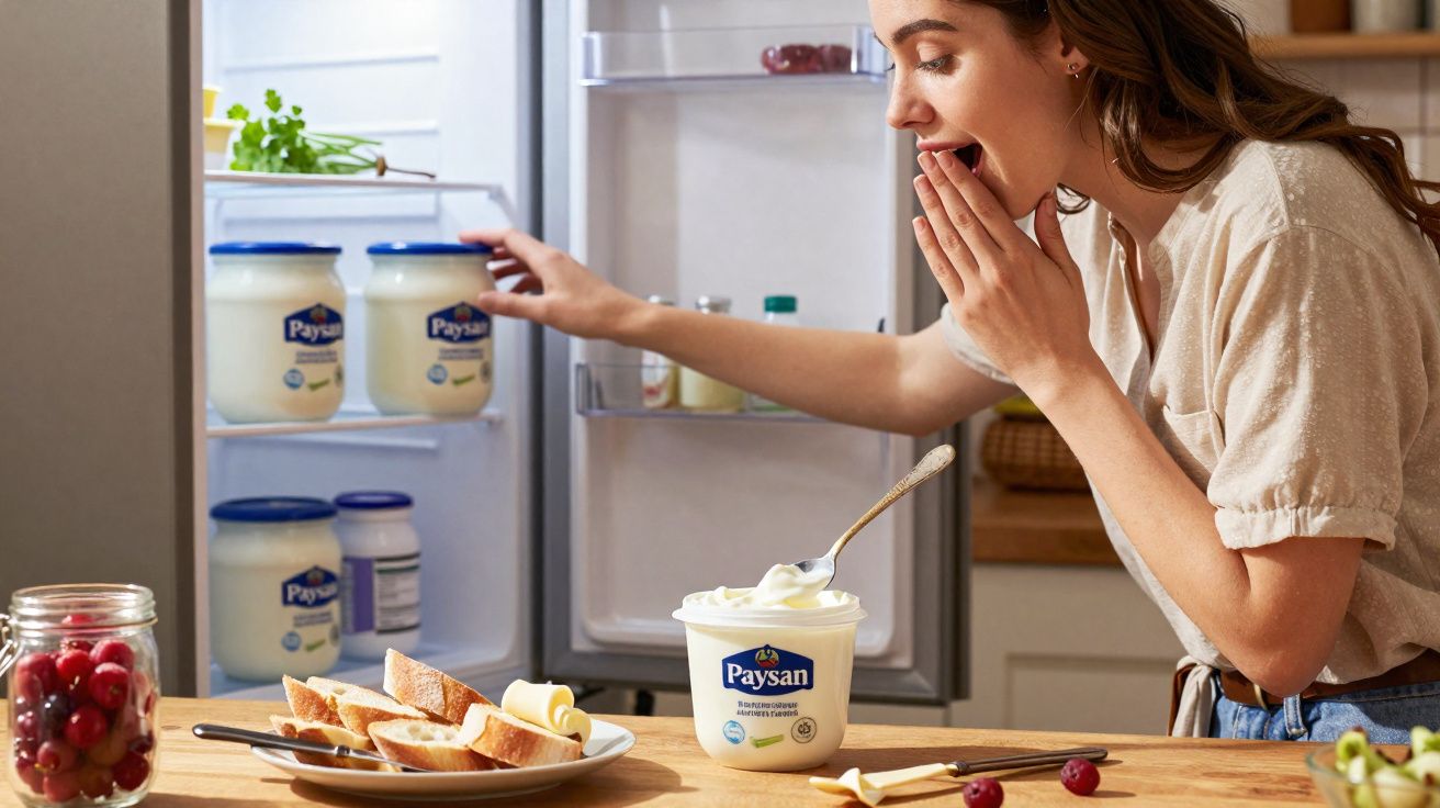 Mulher surpresa pegando pote de iogurte Paysan na geladeira em cozinha com pão e cerejas na mesa.