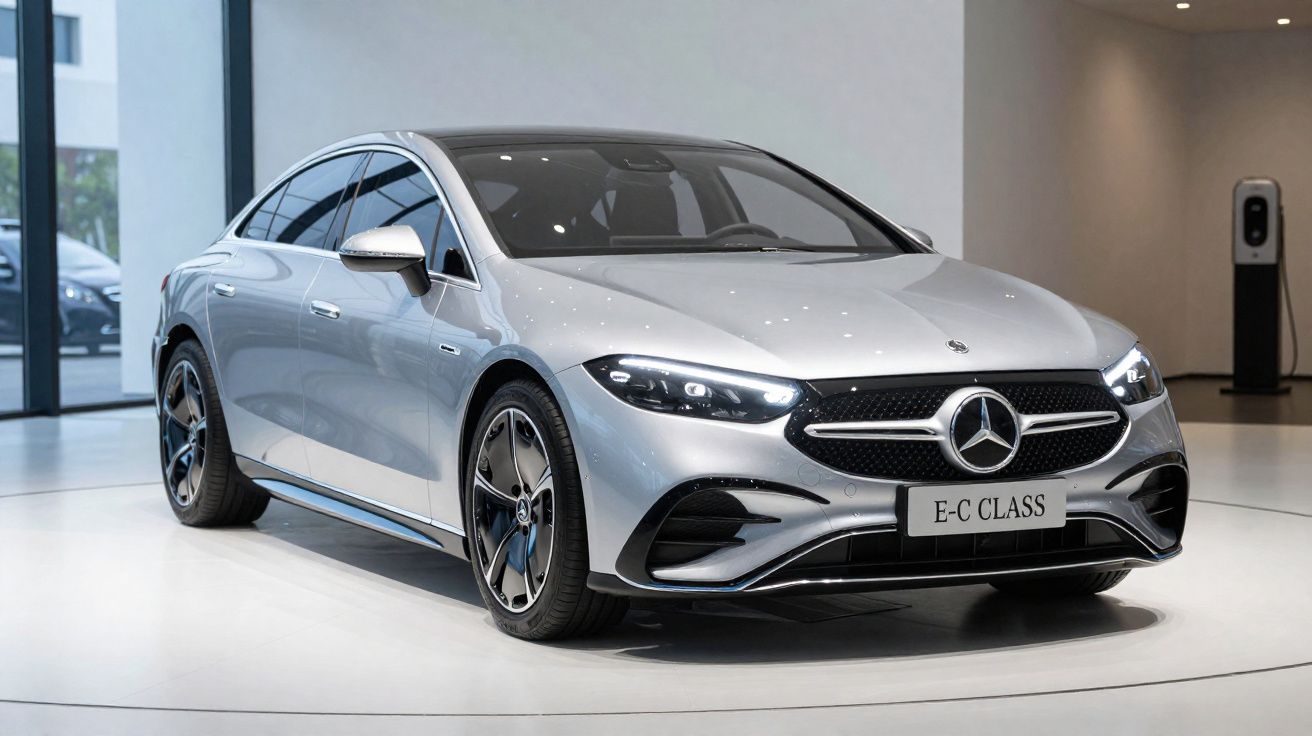 Carro prata Mercedes-Benz E-C Class em exposição com parede branca e carregador elétrico ao fundo.
