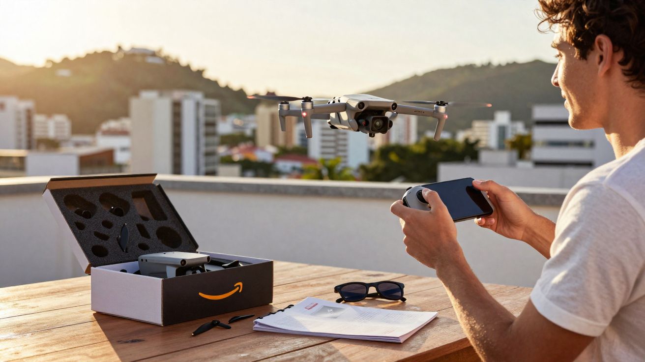 Homem controla drone cinza voando com controle remoto em mesa com óculos, papéis e caixa da Amazon ao fundo.