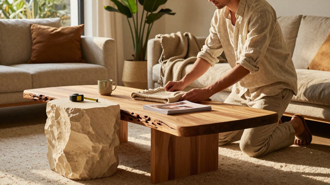 Pessoa ajeitando itens sobre mesa de madeira natural em sala de estar com sofá e decoração aconchegante.