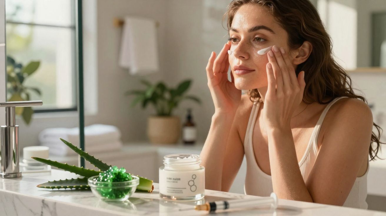 Mulher aplicando creme facial em frente ao espelho com aloe vera e frascos de cosméticos na bancada.