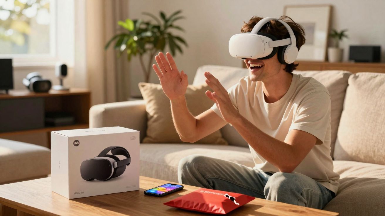 Jovem sentado no sofá usando óculos de realidade virtual branco, interagindo animadamente na sala.