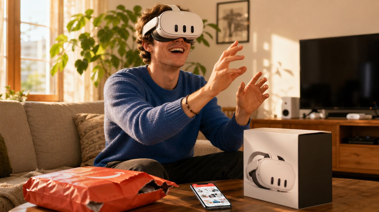 Homem sorrindo usando óculos de realidade virtual sentado no sofá em sala iluminada.