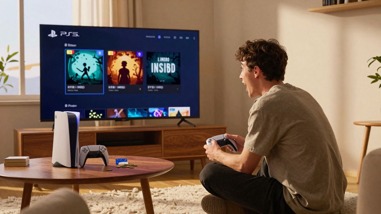 Jovem sentado no chão jogando videogame em TV com console PlayStation 5 e controle na sala de estar.