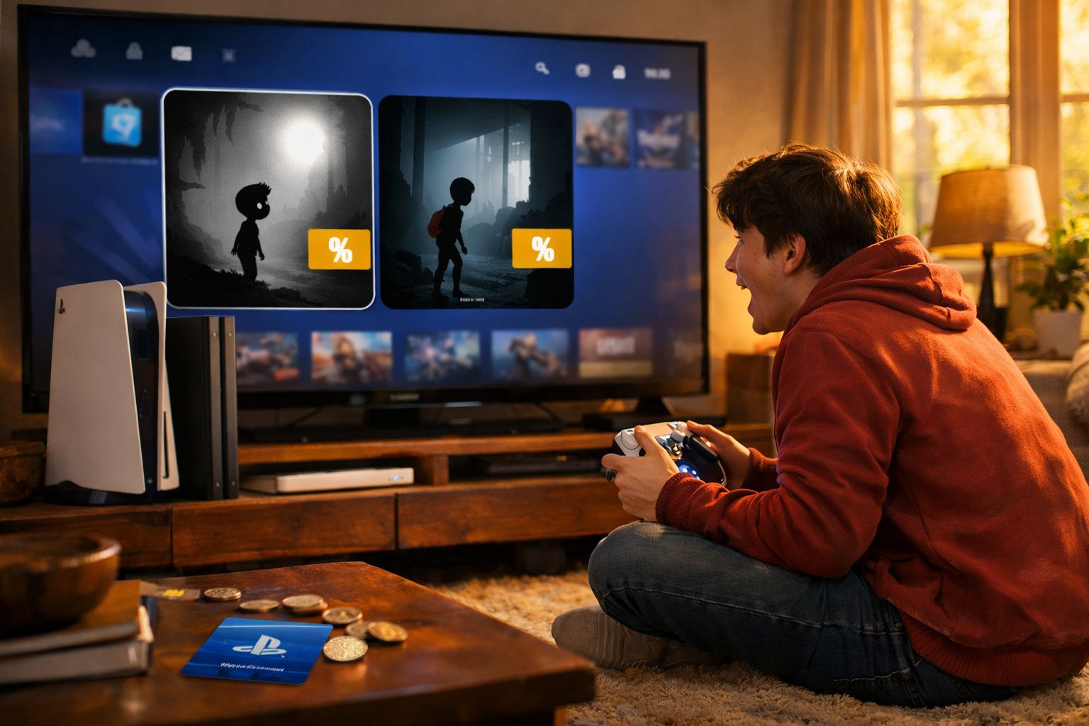 Jovem animado jogando videogame em sala com TV mostrando jogos em promoção e console PlayStation ao lado.