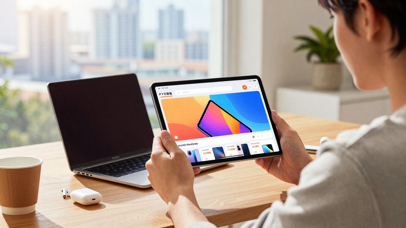 Pessoa segurando tablet com site de tecnologia aberto, ao lado de notebook e fones sobre mesa de madeira.