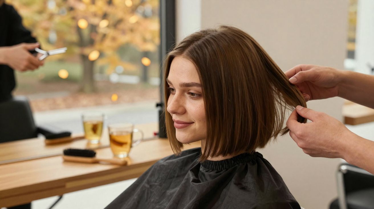 Mulher com cabelo curto sendo atendida por cabeleireiro em salão com copos e pente na mesa.