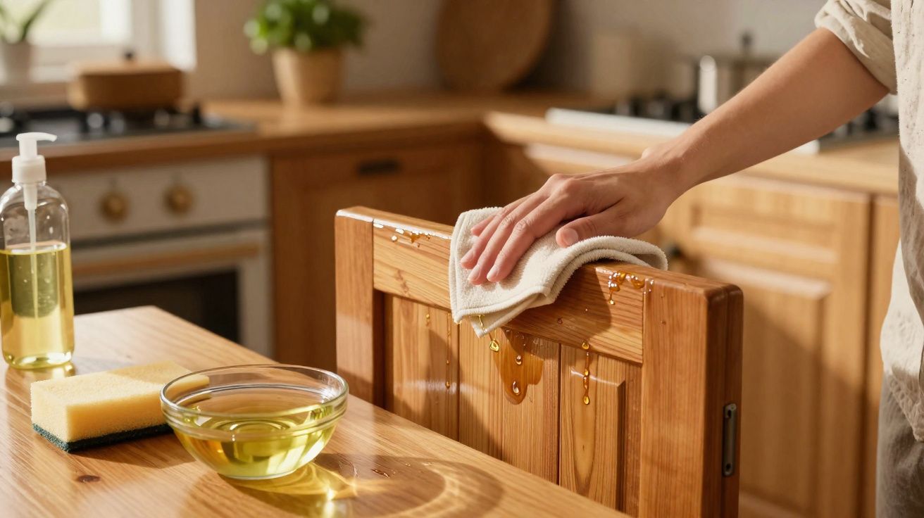 Pessoa limpando cadeira de madeira com pano úmido em cozinha com álcool em gel e esponja sobre a mesa.