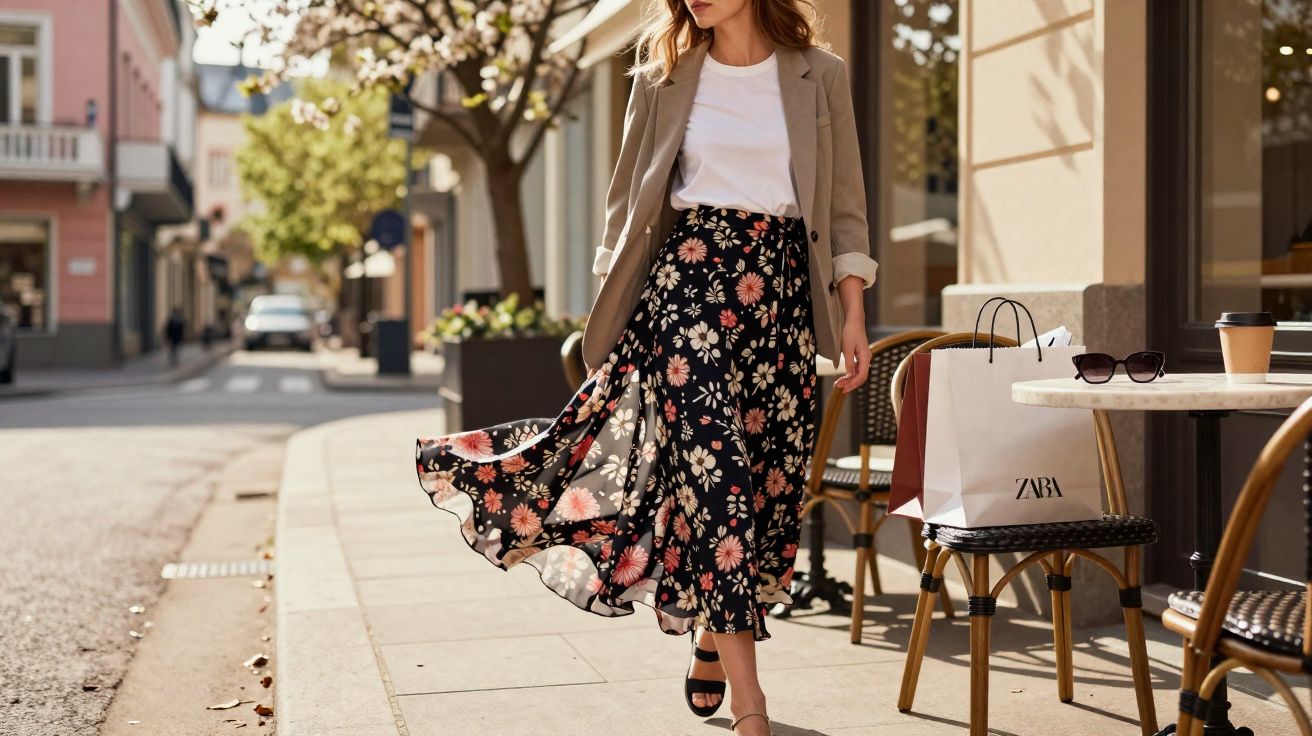 Mulher caminhando na calçada com saia floral, camiseta branca e blazer bege em dia ensolarado na cidade.