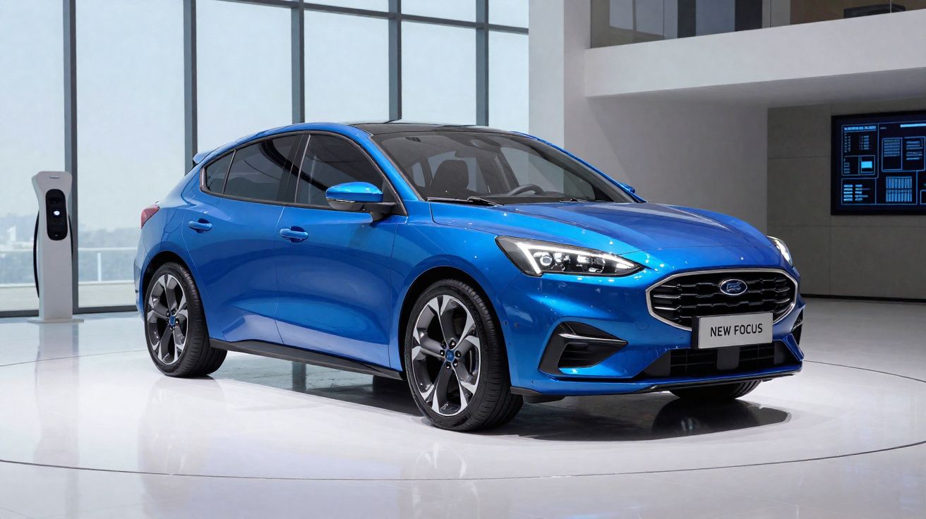 Carro azul Ford New Focus em exposição interna com carregador elétrico ao fundo.