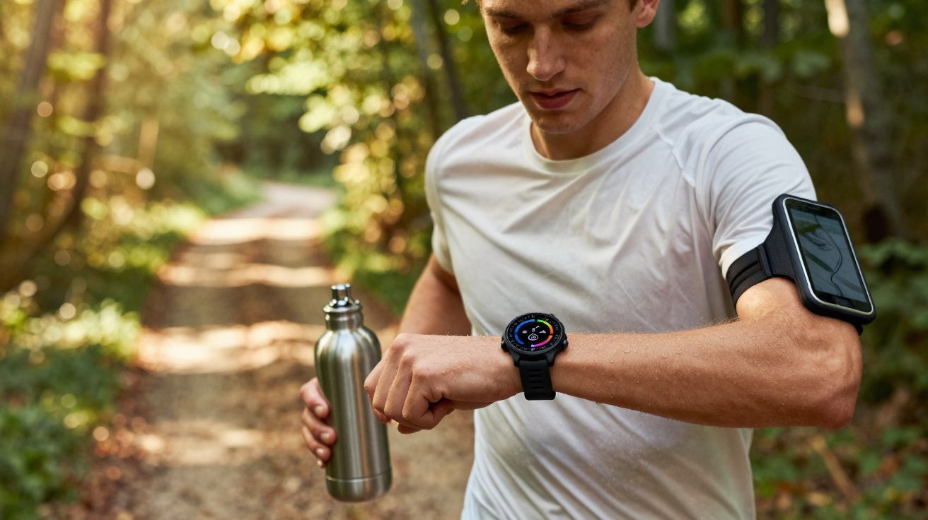 Homem em roupa esportiva segurando garrafa de água e conferindo relógio enquanto corre em trilha na floresta.