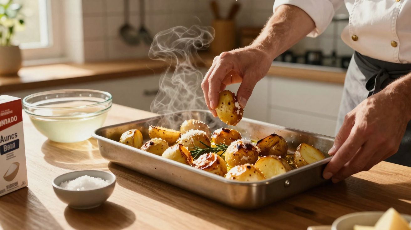 Chef tempera batatas assadas em forma metálica em cozinha iluminada pela luz natural.