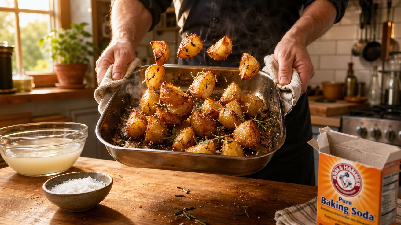 Pessoa segurando forma com batatas assadas douradas e ervas em cozinha iluminada naturalemente.