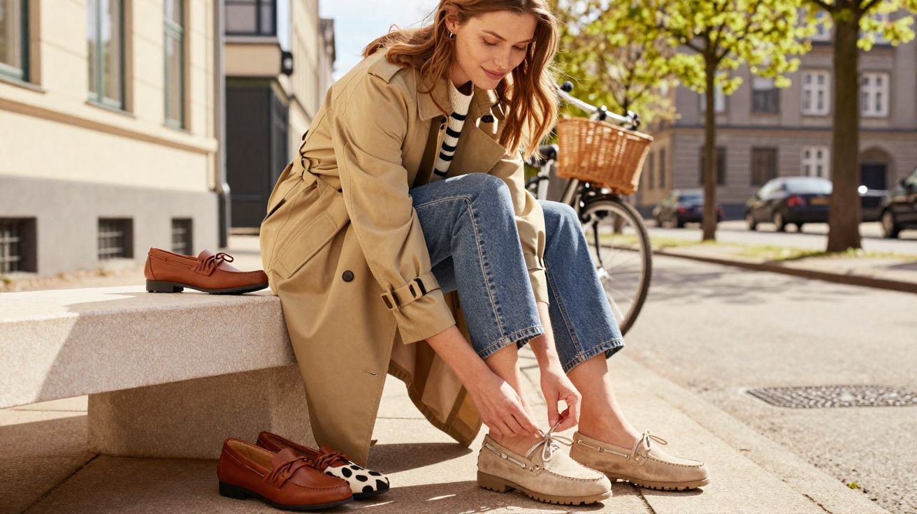 Mulher sentada em banco amarrando tênis bege em rua ensolarada com bicicleta ao fundo.