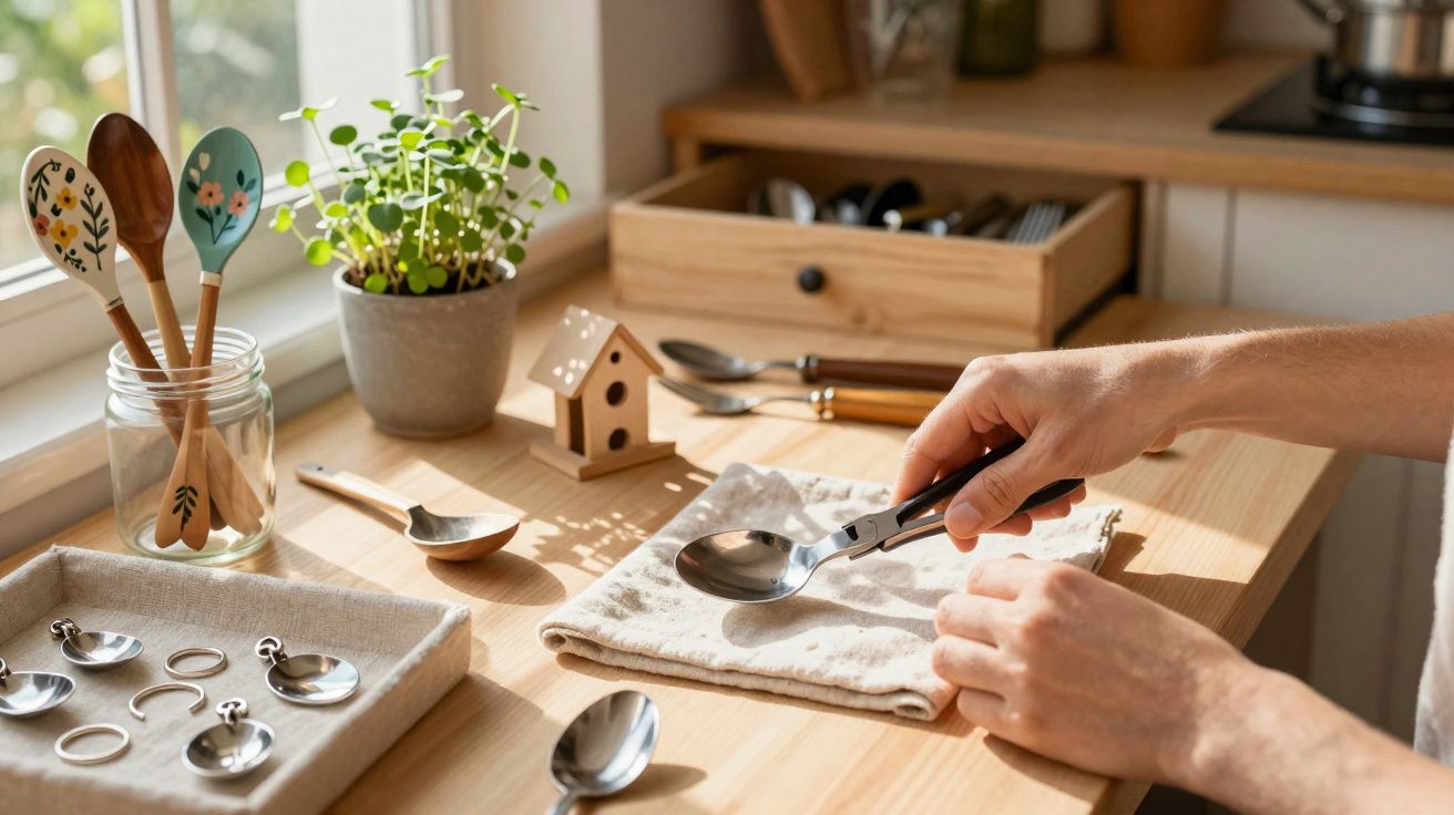 Mãos segurando pinça para colher em mesa de madeira com utensílios, vaso com planta e colheres decorativas.