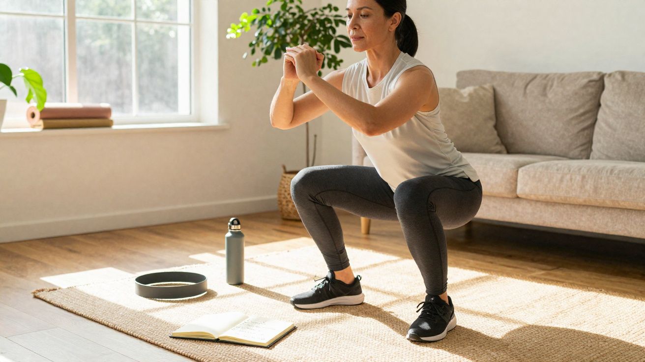 Mulher fazendo agachamento no tapete da sala, com garrafa e livro abertos à frente.