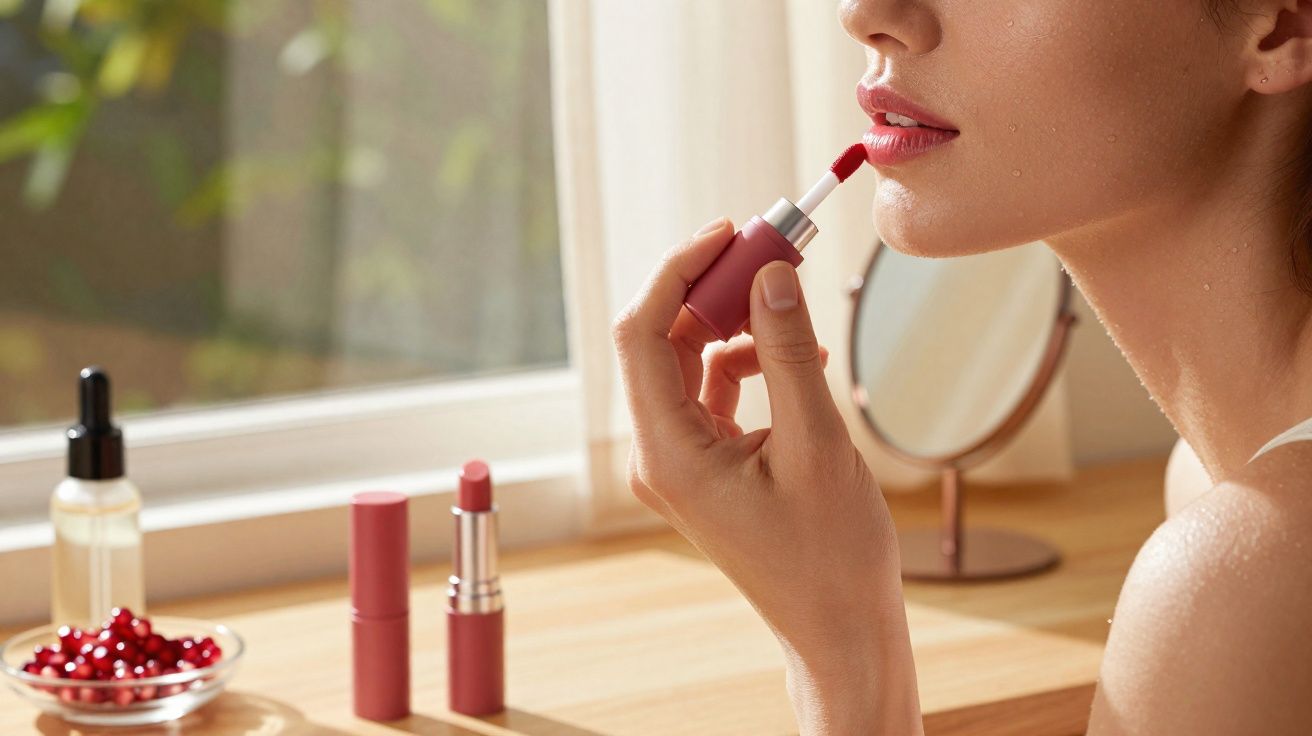 Mulher aplicando batom vermelho em frente a espelho em bancada com itens de beleza.