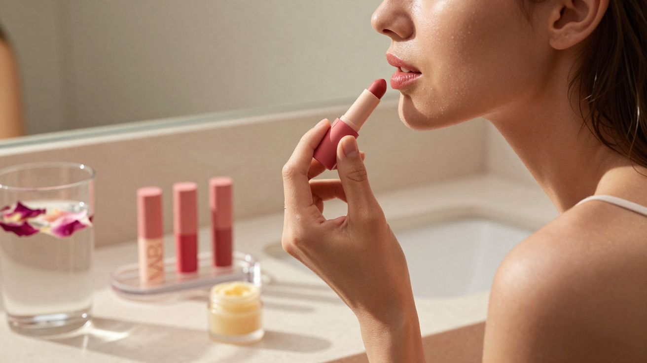 Mulher aplicando batom enquanto está em frente a um espelho em bancada com produtos de beleza.