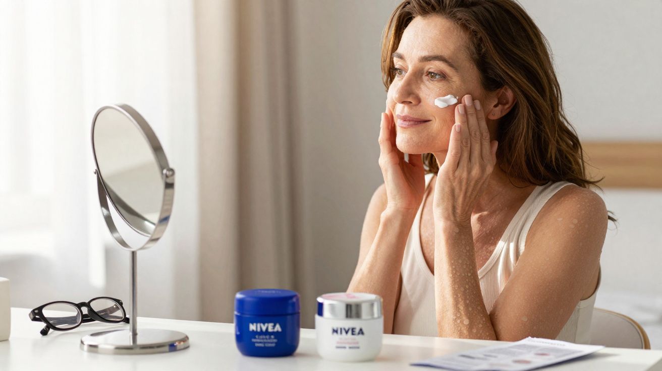 Mulher aplicando creme facial sentada à mesa com potes de Nivea e espelho à sua frente.