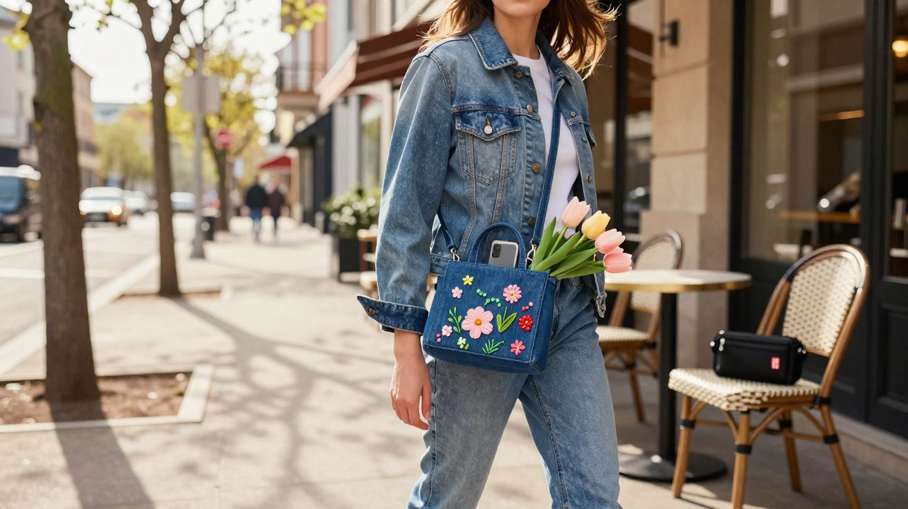 Mulher vestindo jaqueta jeans e calça jeans, caminhando na calçada com bolsa azul e flores tulipas cor-de-rosa.