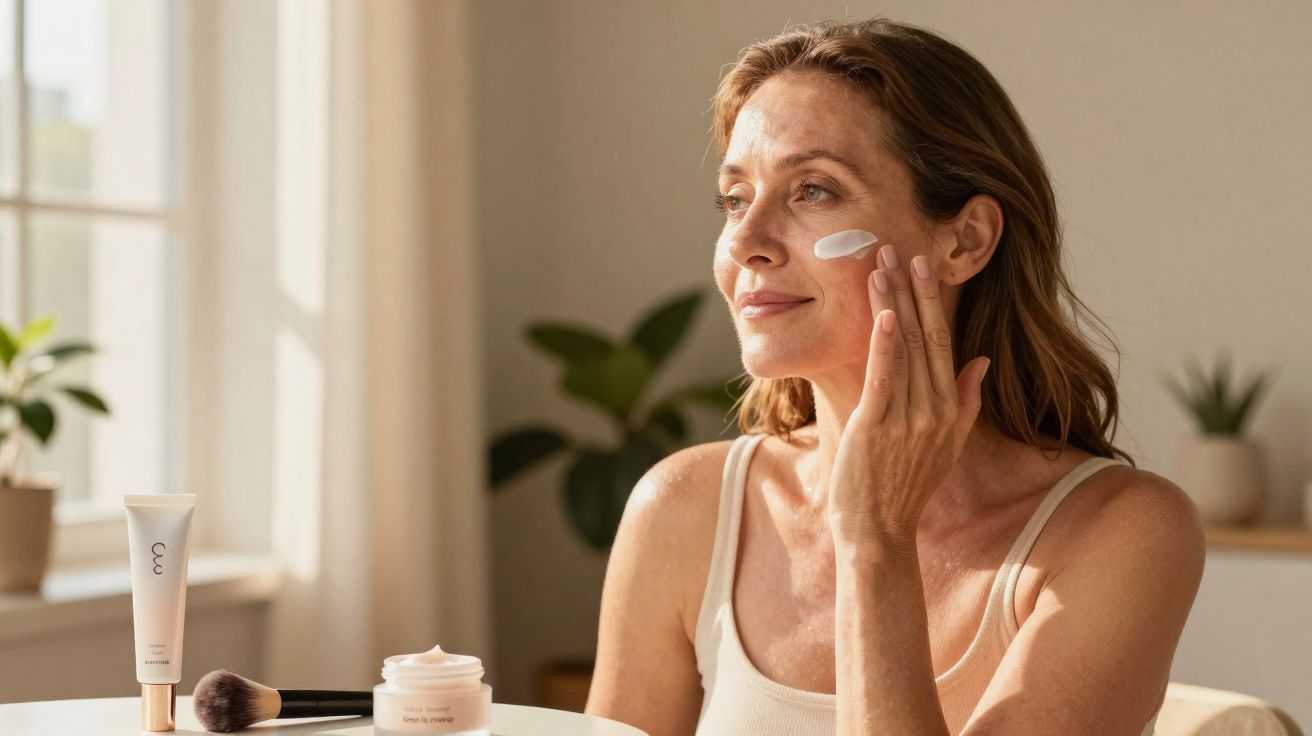 Mulher aplicando creme facial em ambiente iluminado, com produtos de beleza sobre a mesa.