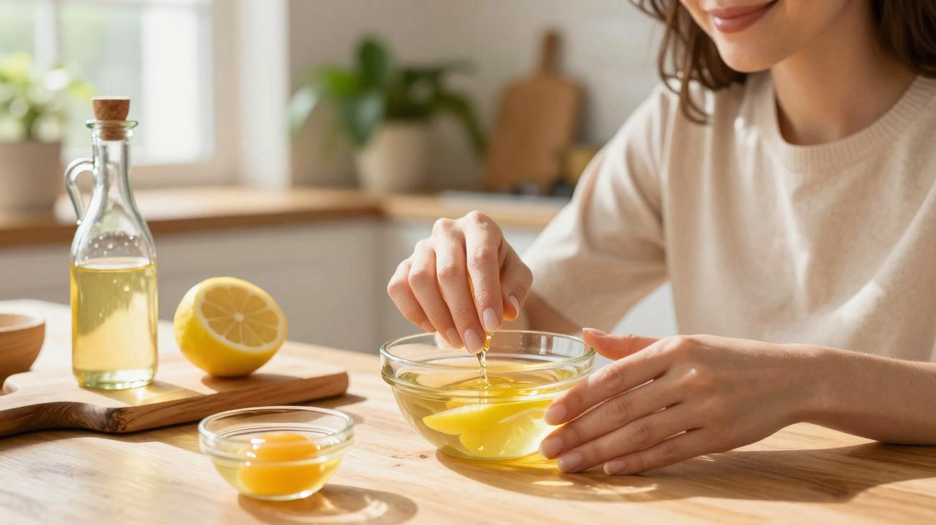 Mulher separando clara da gema de ovo em uma tigela na cozinha com limão e azeite ao fundo.